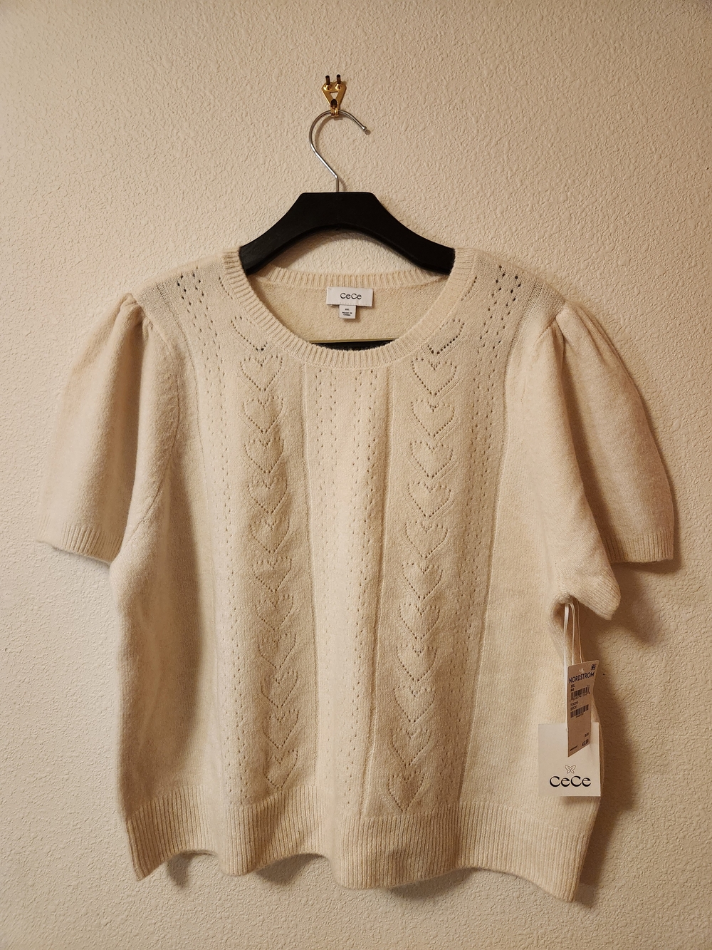 CeCe Cream Puff-Sleeve Heart Pointelle Knit Sweater - New With Tags